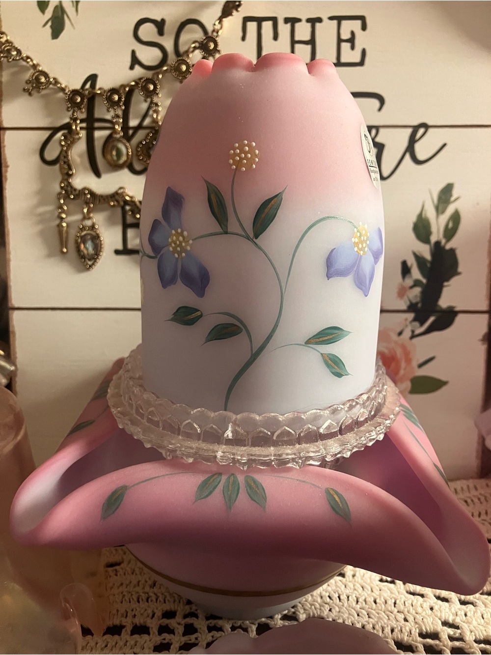 Fenton 1999 Periwinkle on Blue Burmese 3-Piece Fairy Lamp Limited Edition Signed